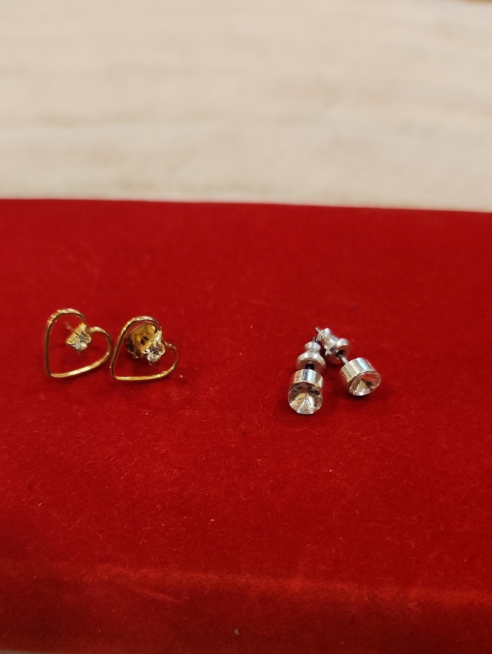 Gold Heart Stud Earrings with Clear Crystal Accent - Unbranded